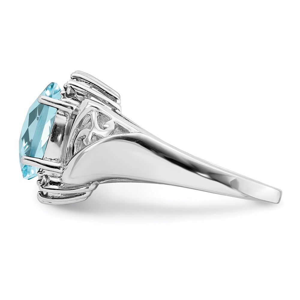 Sterling Silver Rhodium Checker-Cut Sky Blue Topaz & Diamond Ring