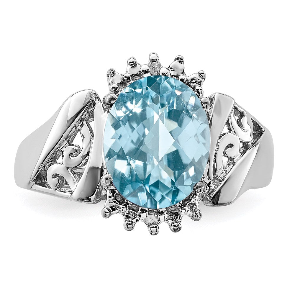 Sterling Silver Rhodium Checker-Cut Sky Blue Topaz & Diamond Ring