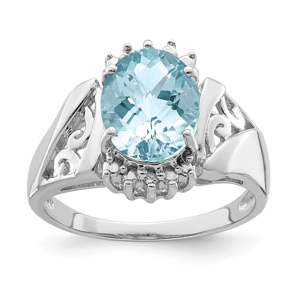 Sterling Silver Rhodium Checker-Cut Sky Blue Topaz & Diamond Ring