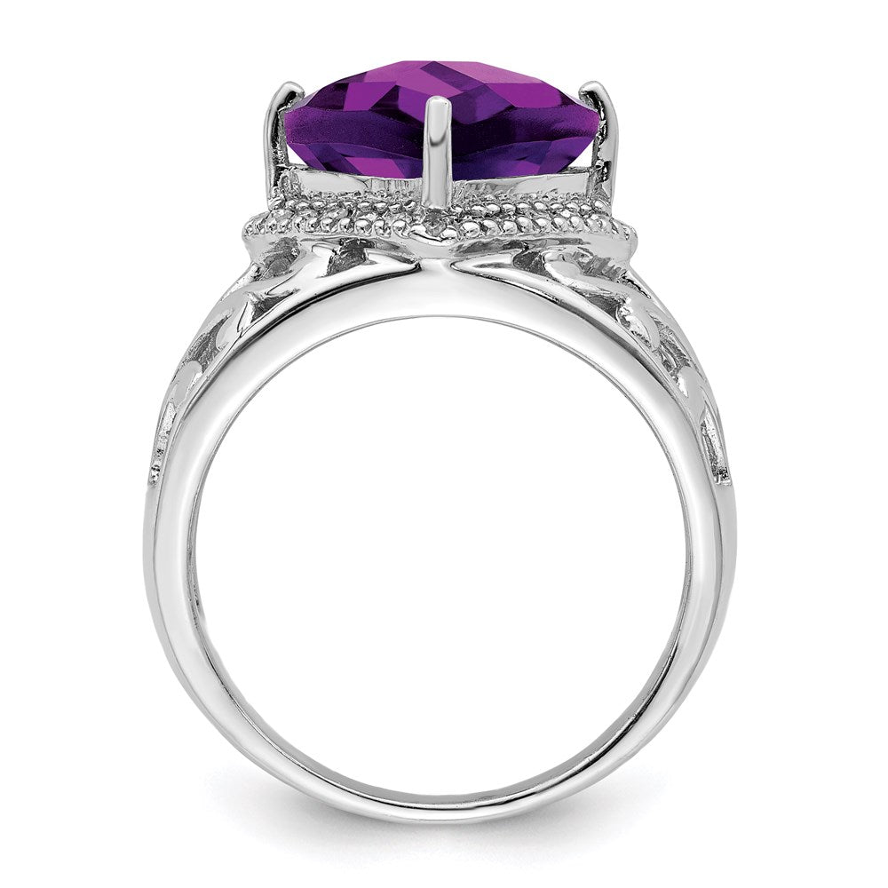 Sterling Silver Rhodium-plated Checker-Cut Amethyst & Diamond Ring