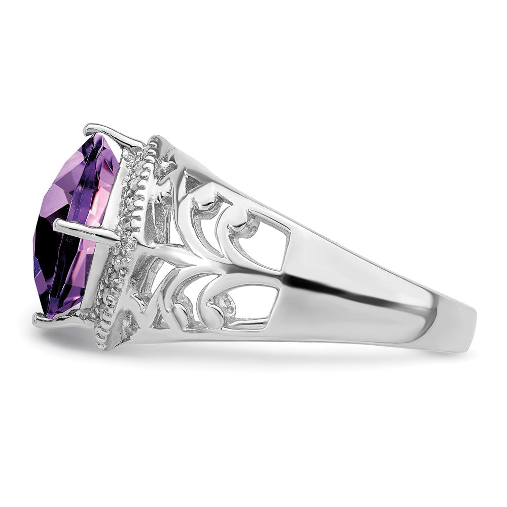 Sterling Silver Rhodium-plated Checker-Cut Amethyst & Diamond Ring