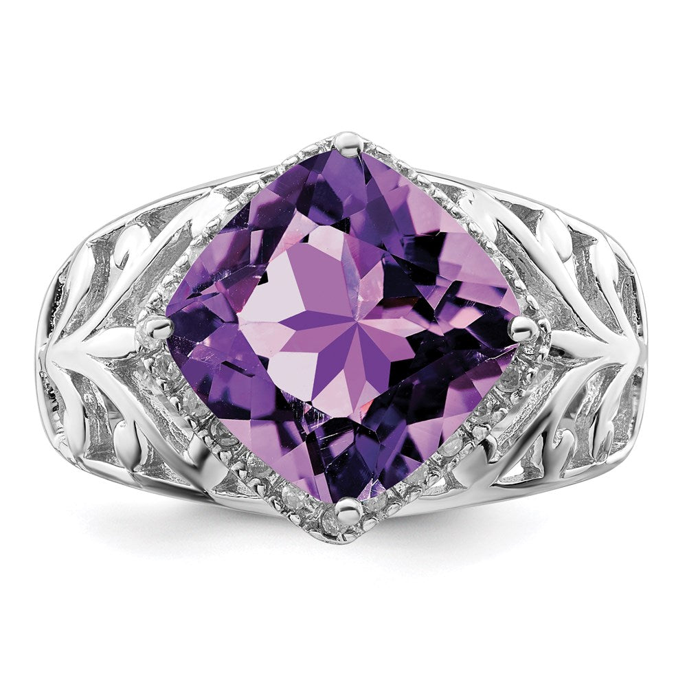 Sterling Silver Rhodium-plated Checker-Cut Amethyst & Diamond Ring