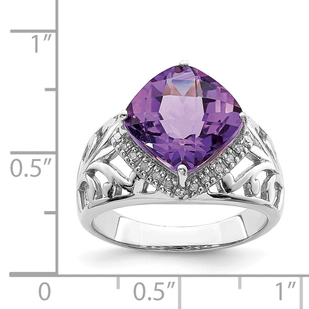 Sterling Silver Rhodium-plated Checker-Cut Amethyst & Diamond Ring