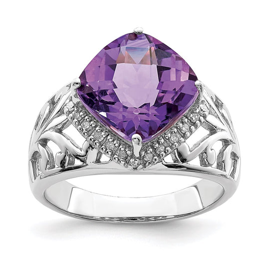 Sterling Silver Rhodium-plated Checker-Cut Amethyst & Diamond Ring