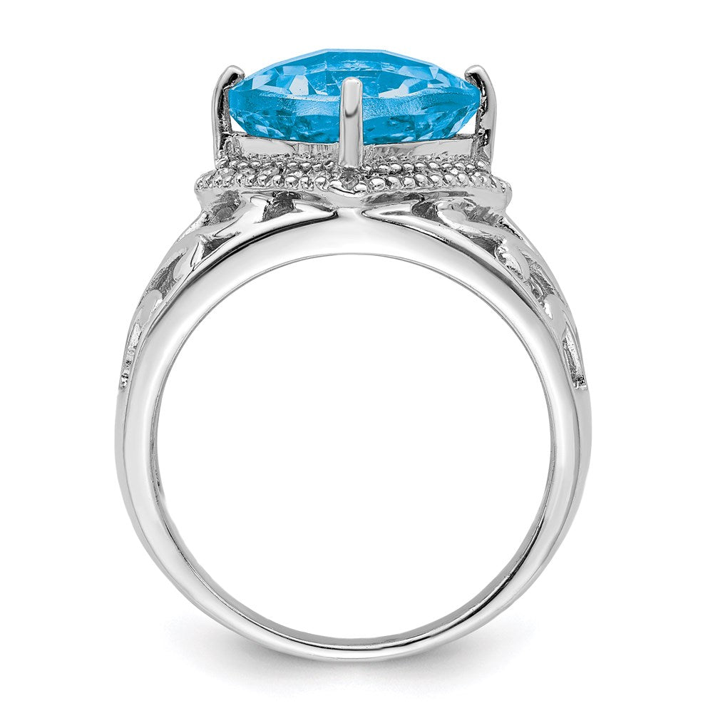 Sterling Silver Rhodium Checker-Cut Blue Topaz & Diamond Ring