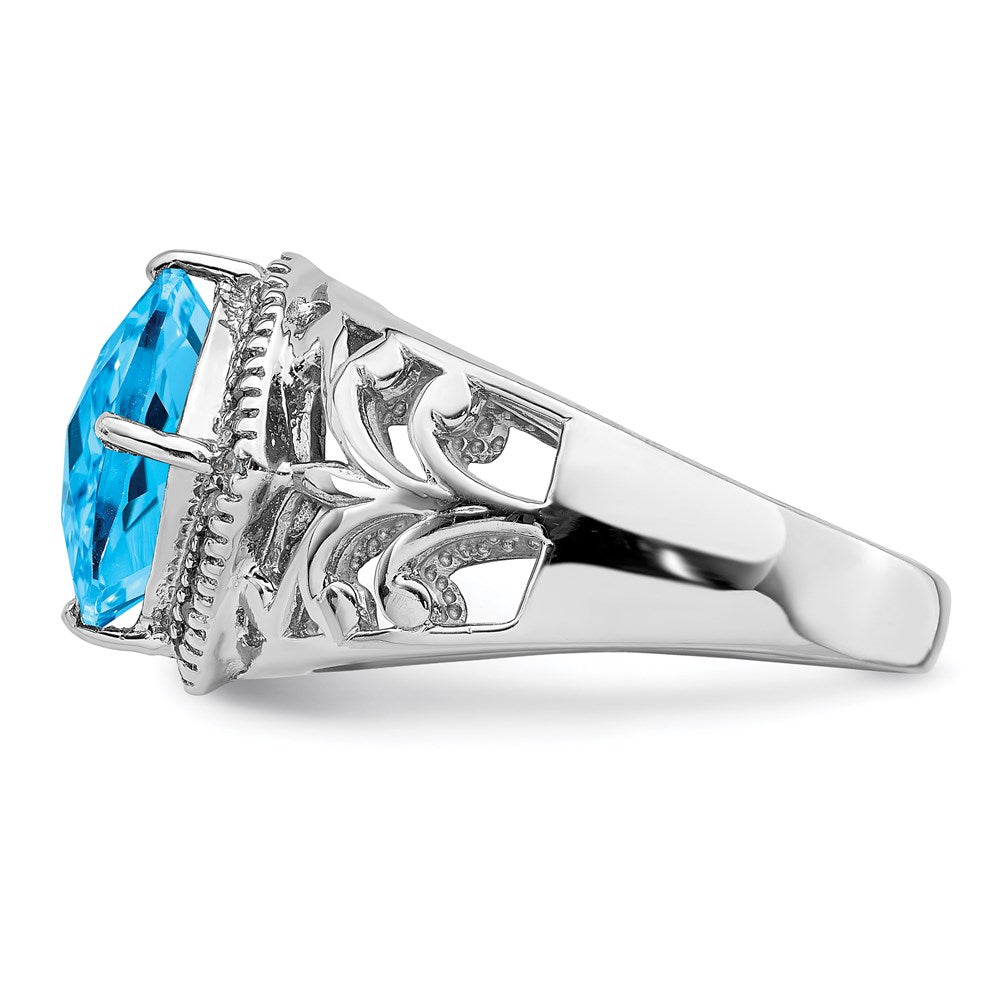 Sterling Silver Rhodium Checker-Cut Blue Topaz & Diamond Ring