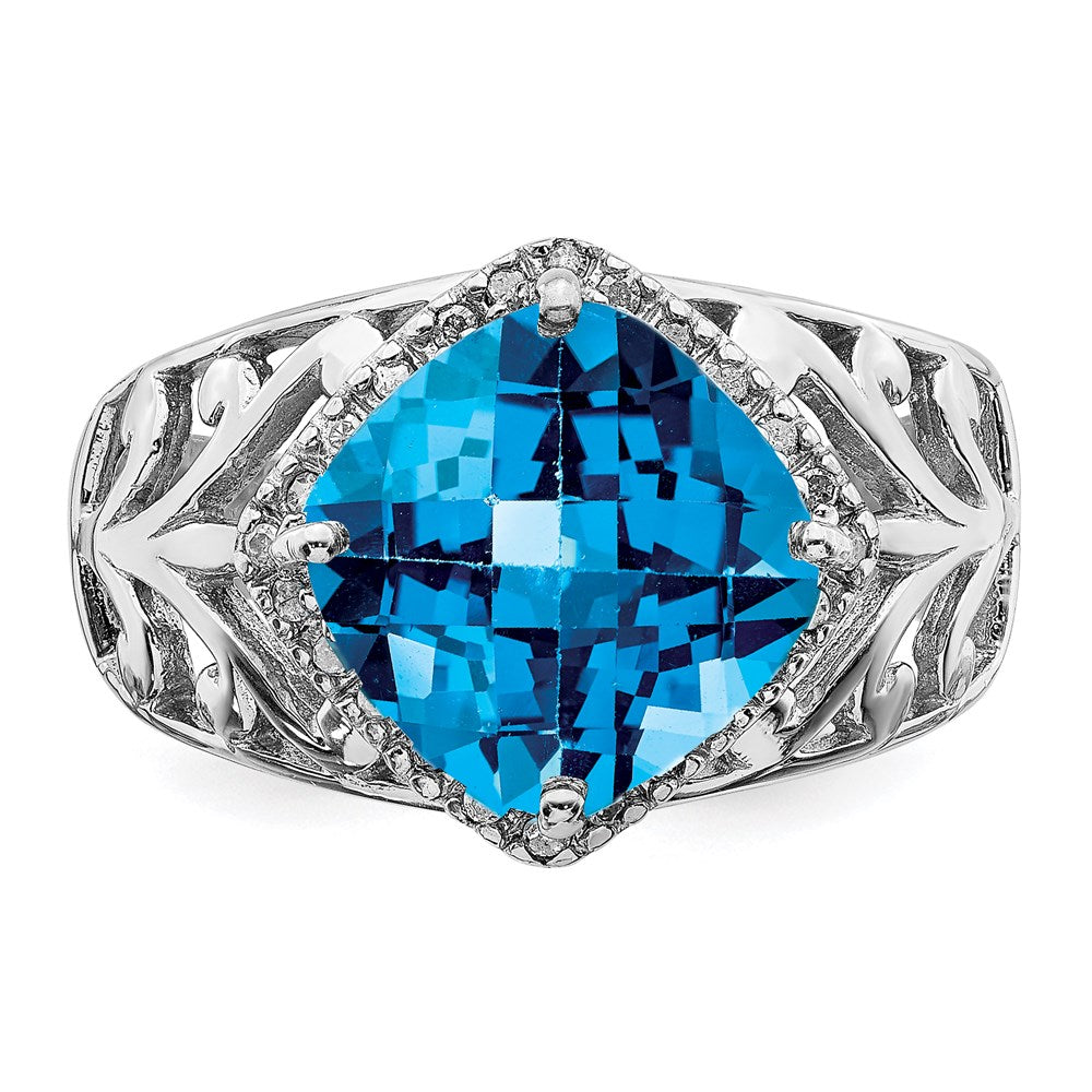 Sterling Silver Rhodium Checker-Cut Blue Topaz & Diamond Ring