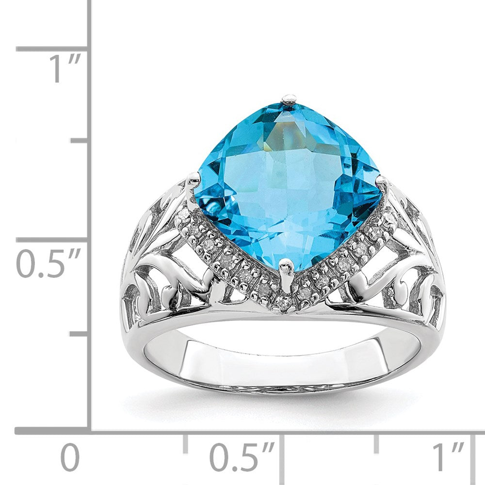 Sterling Silver Rhodium Checker-Cut Blue Topaz & Diamond Ring