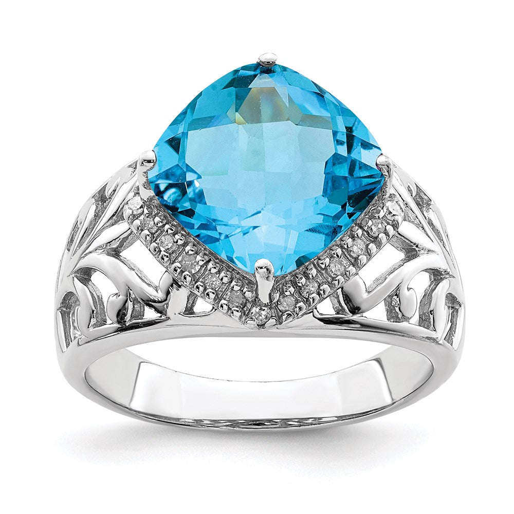 Sterling Silver Rhodium Checker-Cut Blue Topaz & Diamond Ring