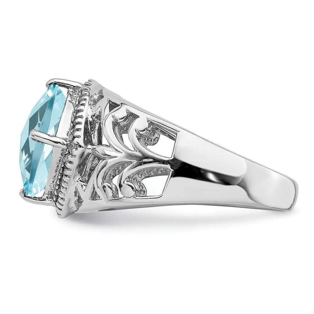 Sterling Silver Rhodium Checker-Cut Sky Blue Topaz & Natural Diamond Gemstone Birthstone Ring Fine Jewelry Gift for Her