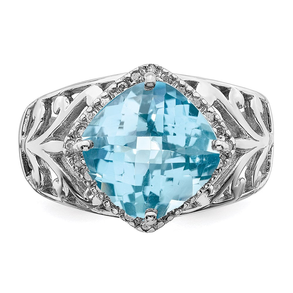 Sterling Silver Rhodium Checker-Cut Sky Blue Topaz & Diamond Ring