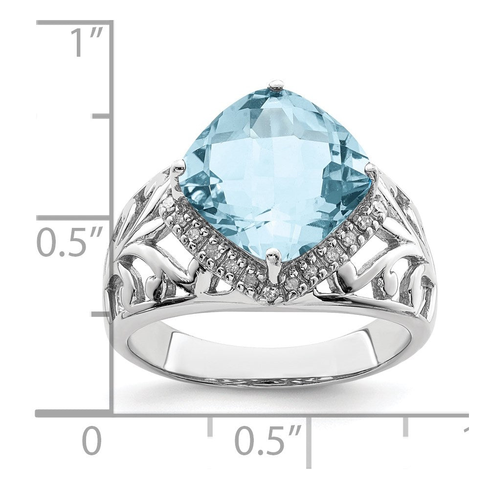 Sterling Silver Rhodium Checker-Cut Sky Blue Topaz & Diamond Ring