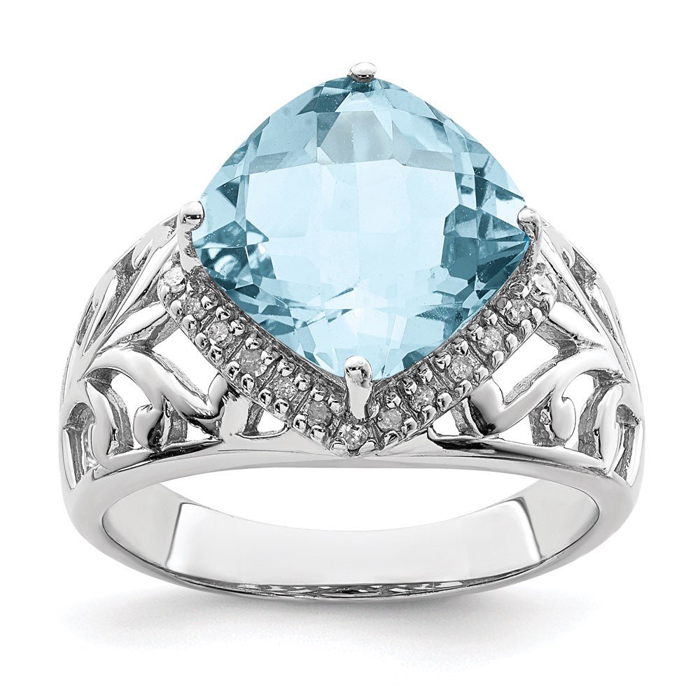 Sterling Silver Rhodium Checker-Cut Sky Blue Topaz & Diamond Ring