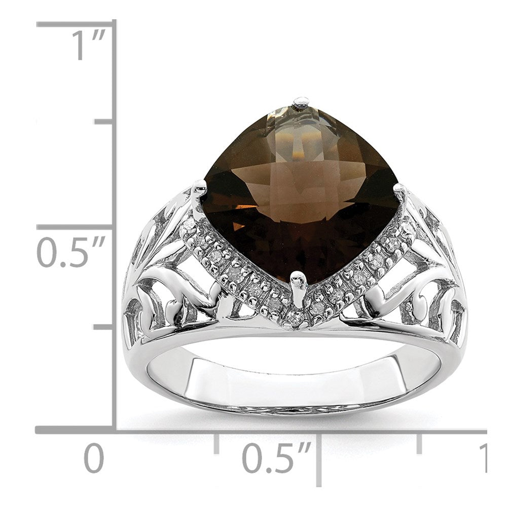 Sterling Silver Rhodium Checker-Cut Smoky Quartz & Diamond Ring