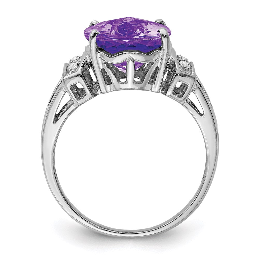 Sterling Silver Rhodium-plated Checker-Cut Amethyst & Diamond Ring