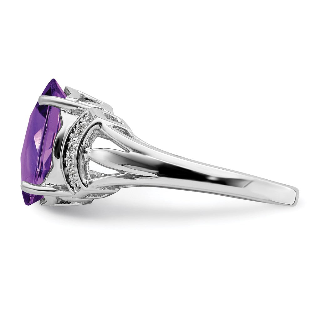 Sterling Silver Rhodium-plated Checker-Cut Amethyst & Diamond Ring