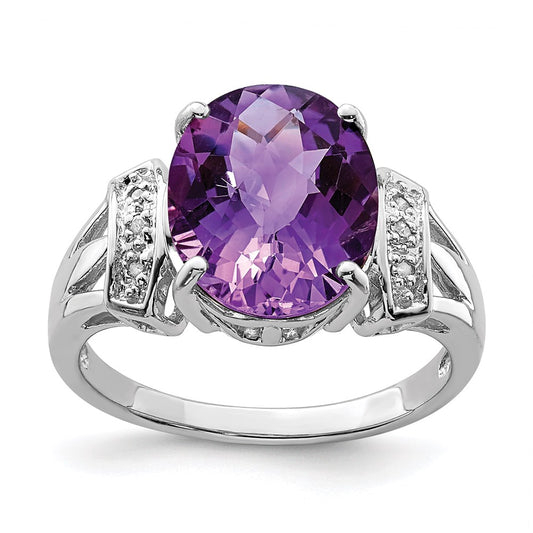 Sterling Silver Rhodium Oval Checker-Cut Amethyst & Diamond Gemstone Birthstone Ring Fine Jewelry Gift for Her