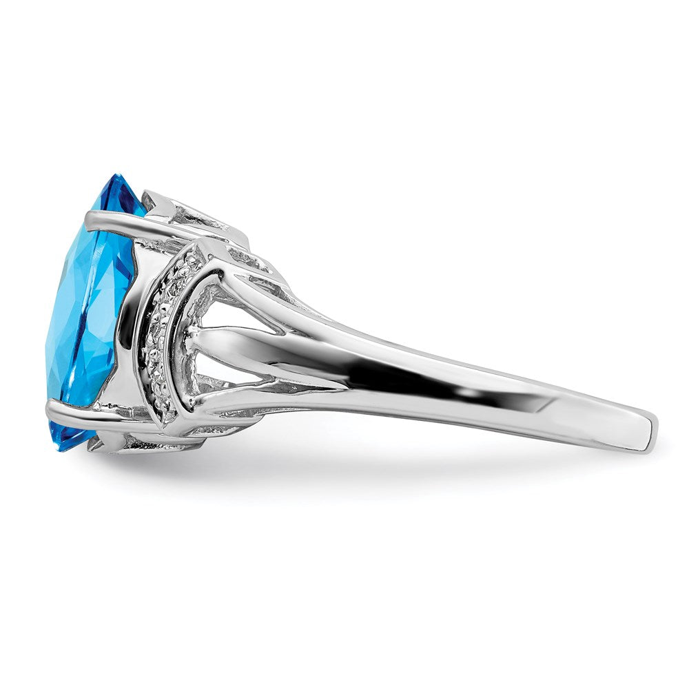 Sterling Silver Rhodium Checker-Cut Blue Topaz & Diamond Ring