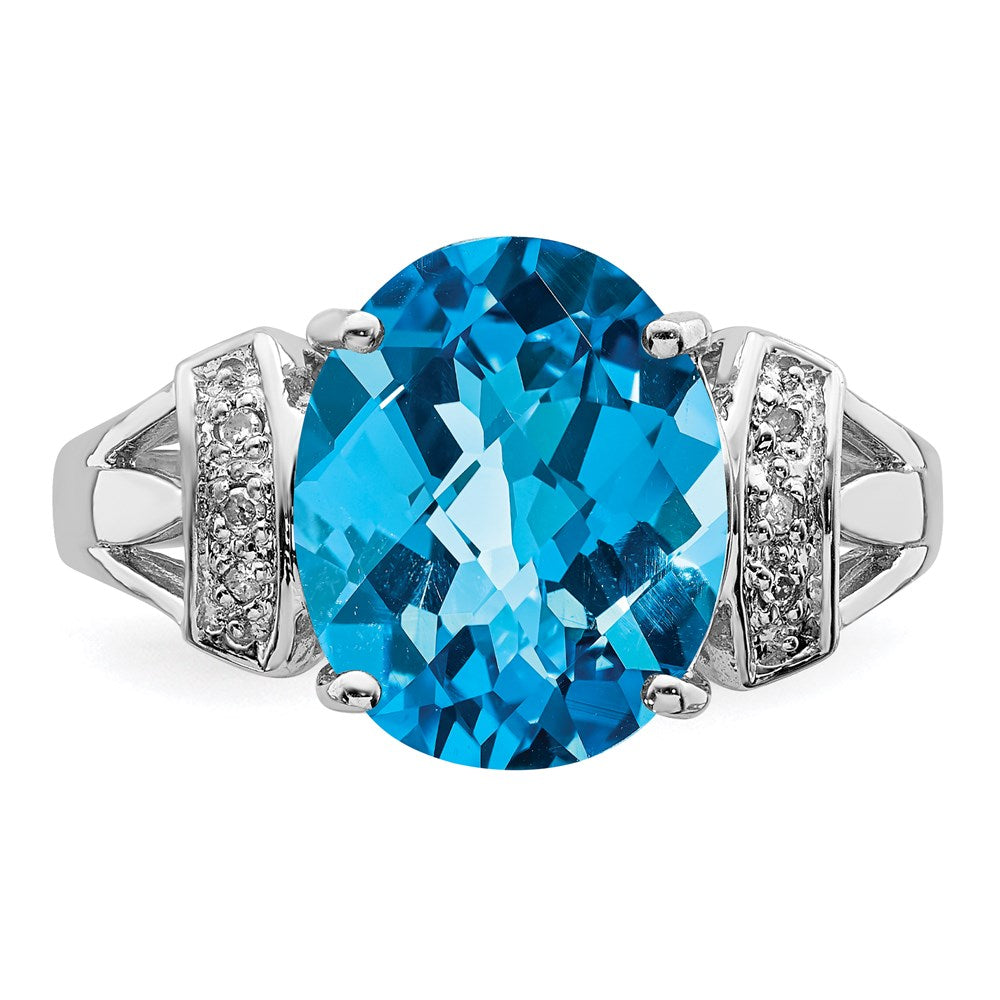 Sterling Silver Rhodium Checker-Cut Blue Topaz & Diamond Ring