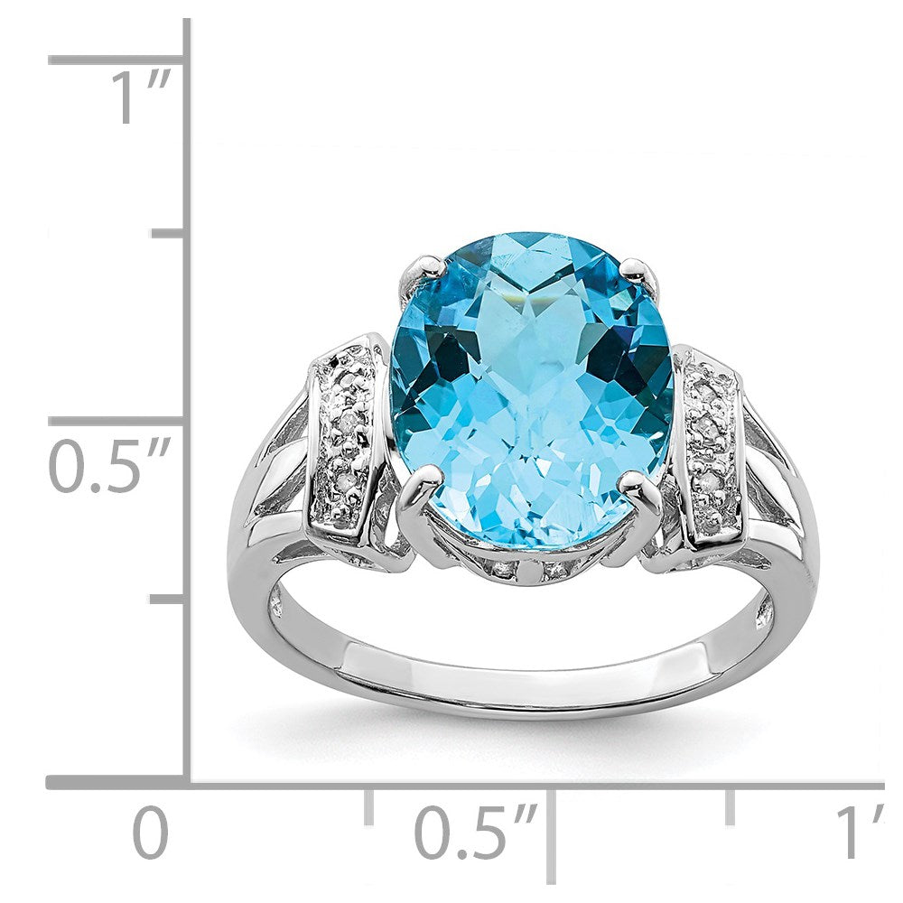 Sterling Silver Rhodium Oval Checker-Cut Blue Topaz & Natural Diamond Gemstone Birthstone Ring Fine Jewelry Gift for Her