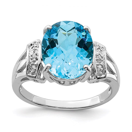 Sterling Silver Rhodium Checker-Cut Blue Topaz & Diamond Ring