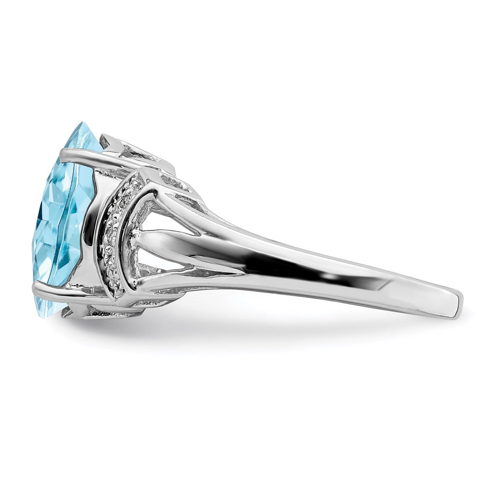 Sterling Silver Rhodium Checker-Cut Sky Blue Topaz & Natural Diamond Gemstone Birthstone Ring Fine Jewelry Gift for Her