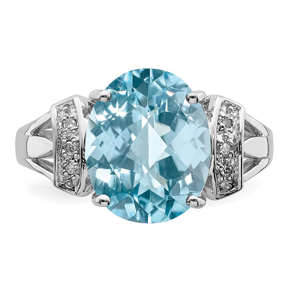 Sterling Silver Rhodium Checker-Cut Sky Blue Topaz & Natural Diamond Gemstone Birthstone Ring Fine Jewelry Gift for Her