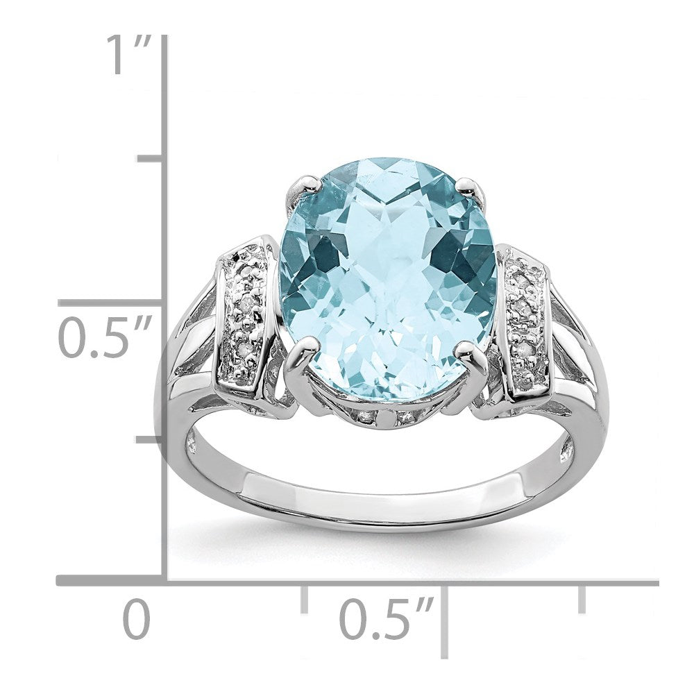 Sterling Silver Rhodium Checker-Cut Sky Blue Topaz & Natural Diamond Gemstone Birthstone Ring Fine Jewelry Gift for Her