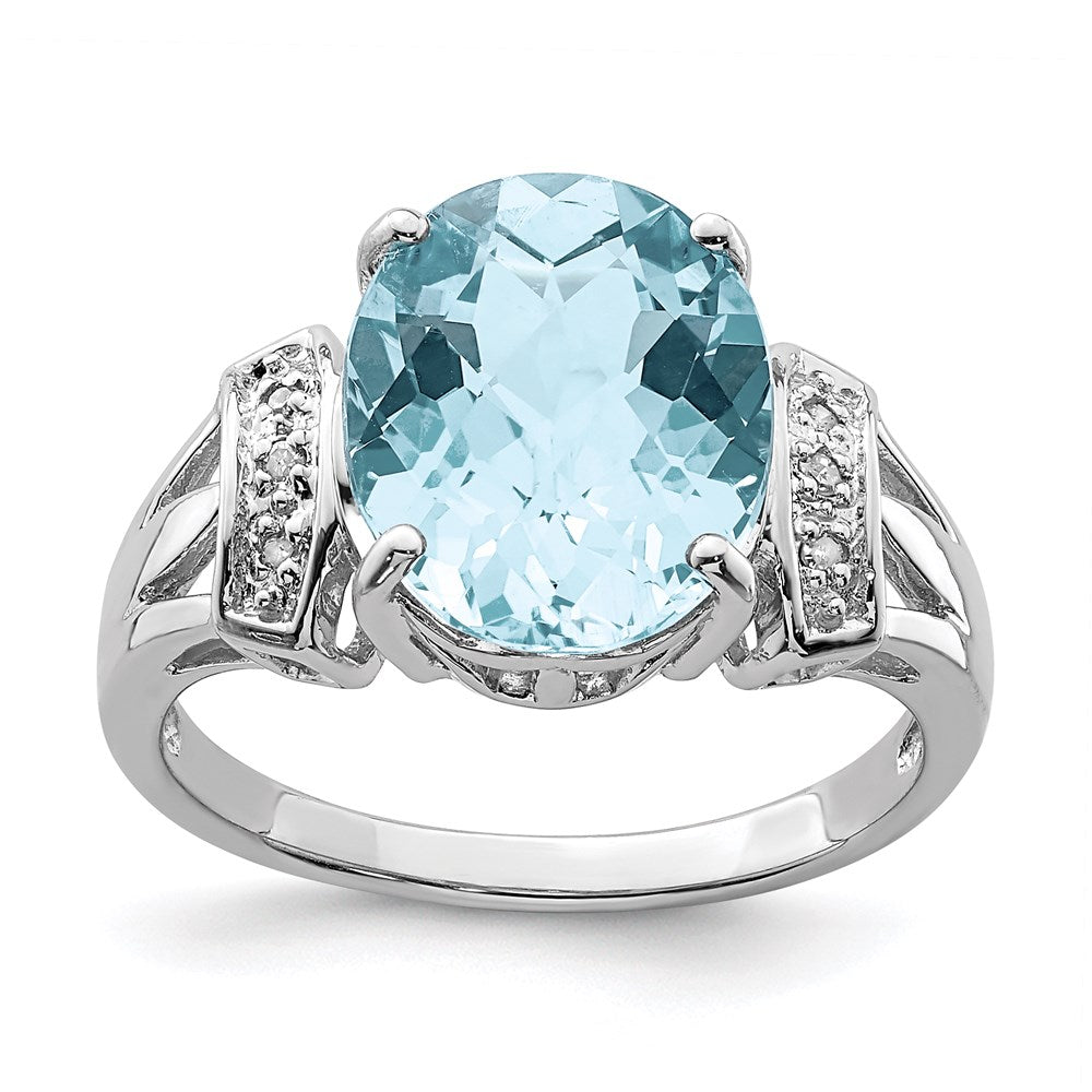 Sterling Silver Rhodium Checker-Cut Sky Blue Topaz & Natural Diamond Gemstone Birthstone Ring Fine Jewelry Gift for Her