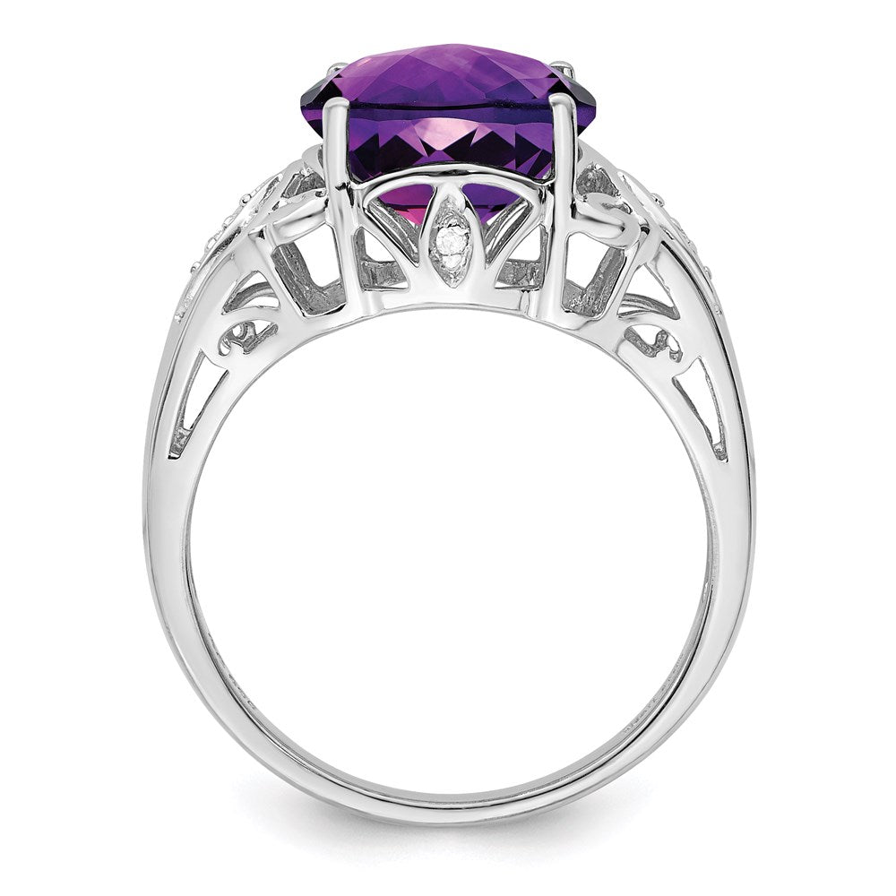 Sterling Silver Rhodium Oval Checker-Cut Amethyst & Diamond Gemstone Birthstone Ring Fine Jewelry Gift for Her