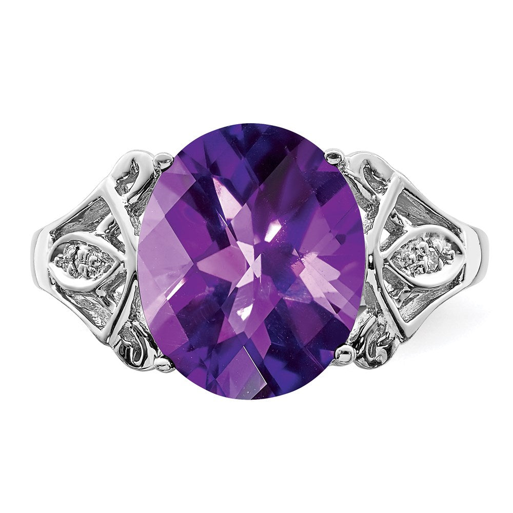 Sterling Silver Rhodium Oval Checker-Cut Amethyst & Diamond Gemstone Birthstone Ring Fine Jewelry Gift for Her