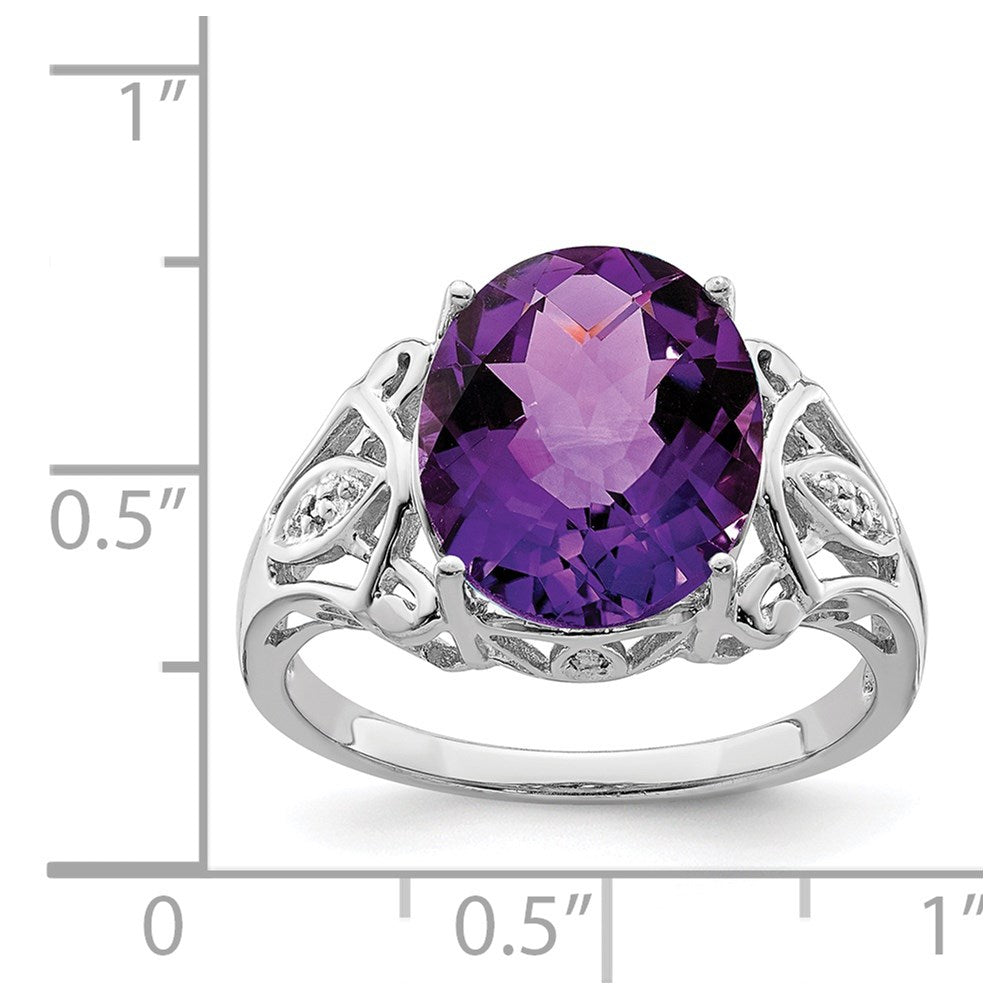 Sterling Silver Rhodium Oval Checker-Cut Amethyst & Diamond Gemstone Birthstone Ring Fine Jewelry Gift for Her