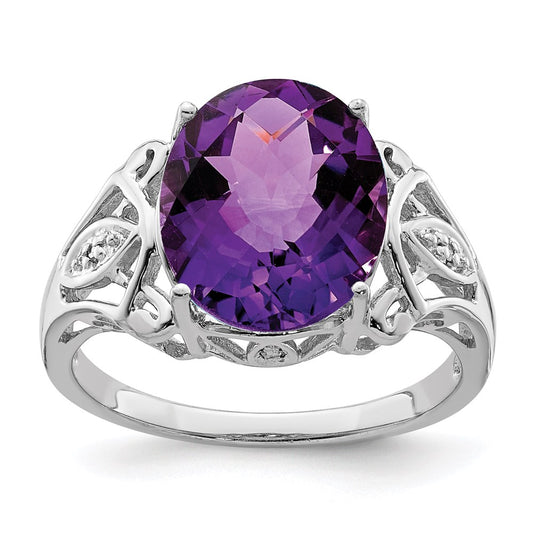 Sterling Silver Rhodium-plated Checker-Cut Amethyst & Diamond Ring