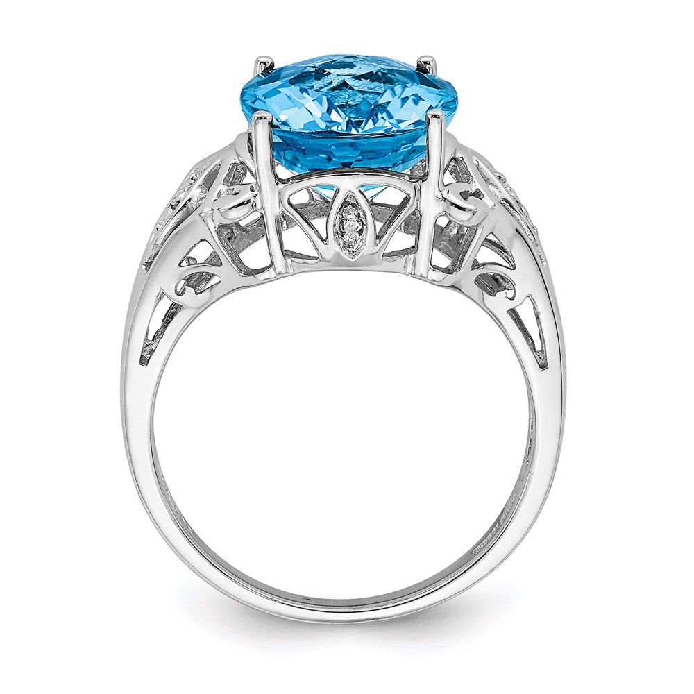 Sterling Silver Rhodium Checker-Cut Blue Topaz & Diamond Ring