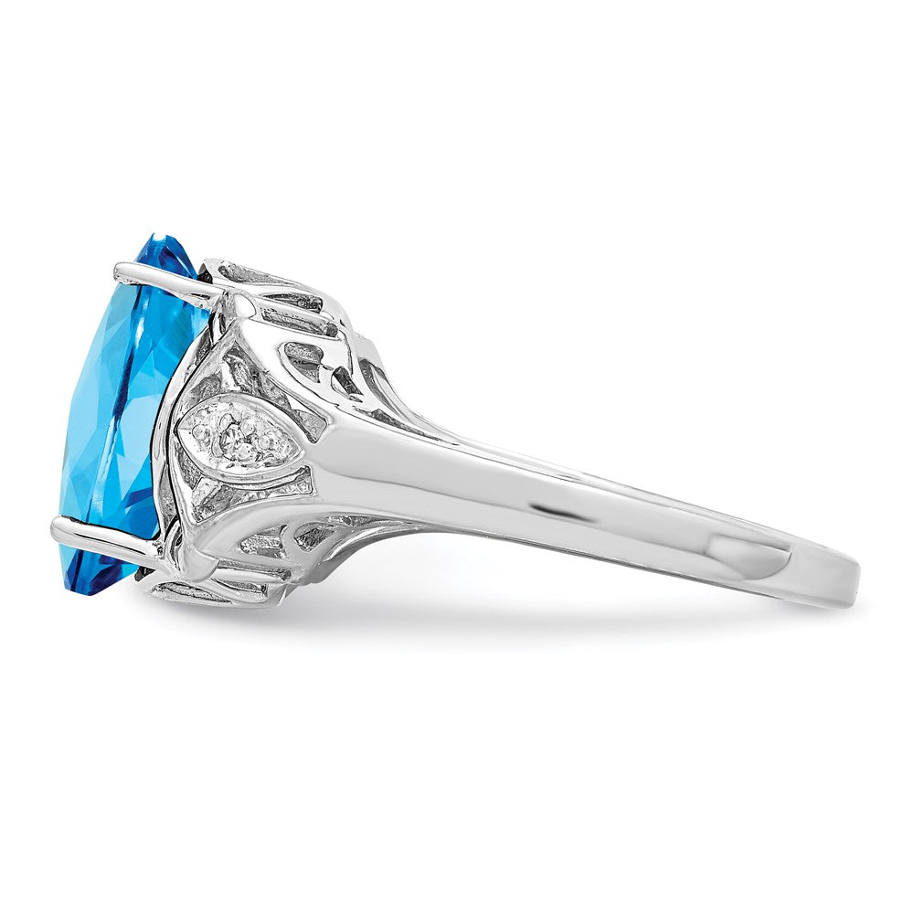 Sterling Silver Rhodium Checker-Cut Blue Topaz & Diamond Ring