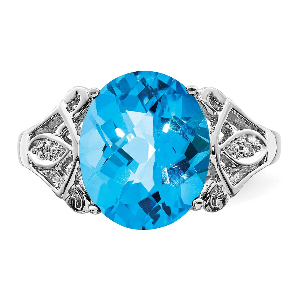 Sterling Silver Rhodium Checker-Cut Blue Topaz & Diamond Ring