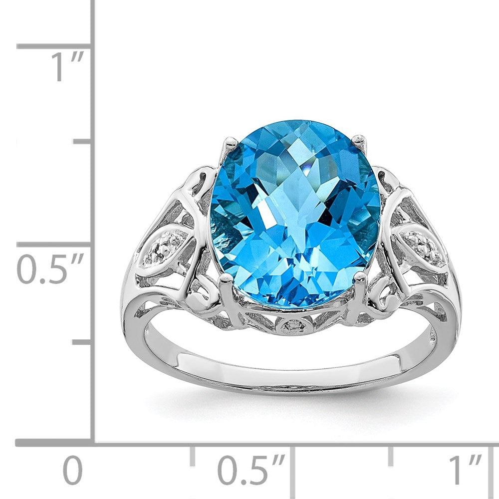 Sterling Silver Rhodium Oval Checker-Cut Blue Topaz & Natural Diamond Gemstone Birthstone Ring Fine Jewelry Gift for Her