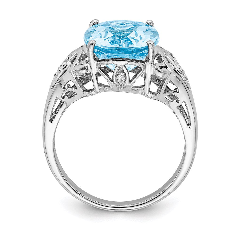 Sterling Silver Rhodium Checker-Cut Sky Blue Topaz & Diamond Ring