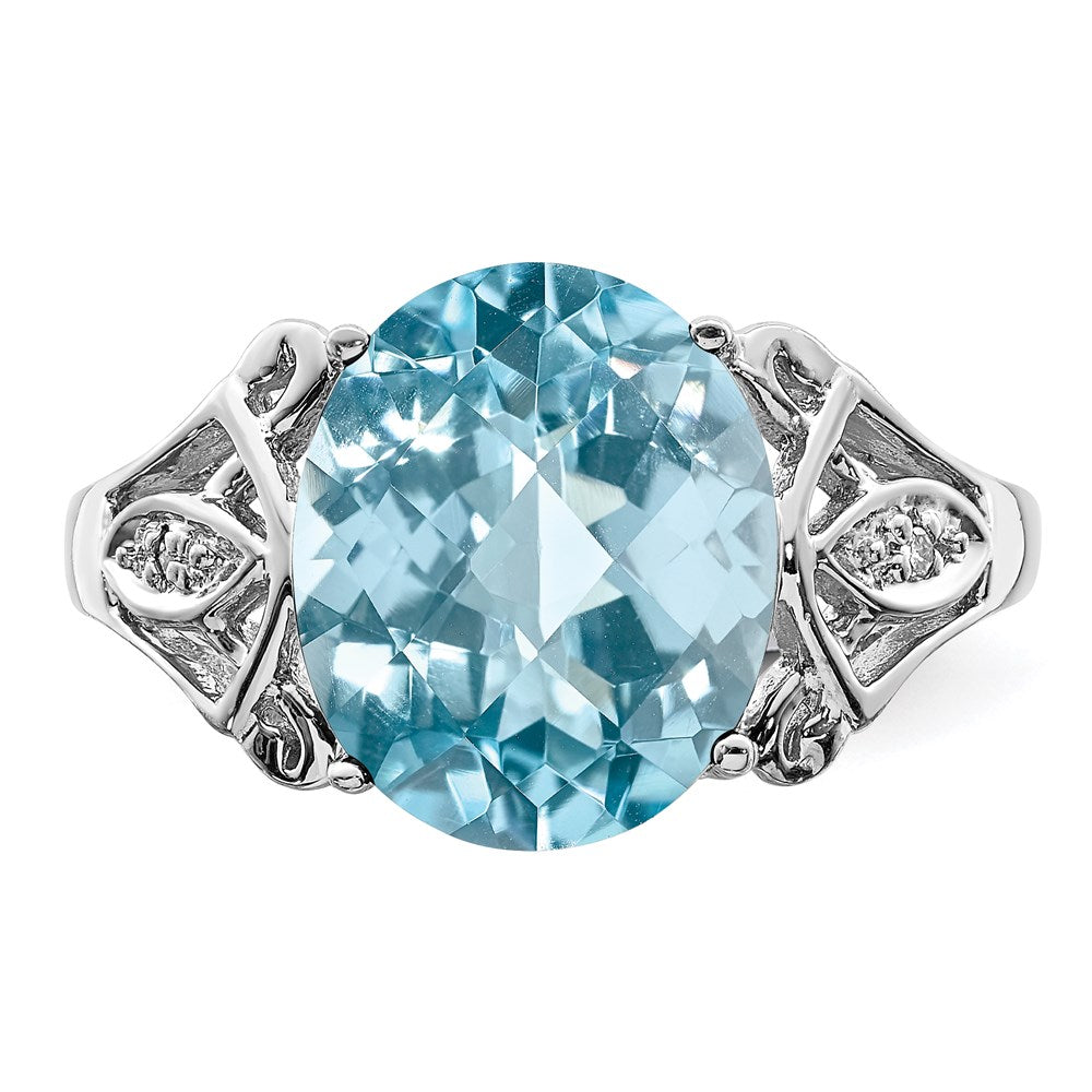 Sterling Silver Rhodium Checker-Cut Sky Blue Topaz & Diamond Ring