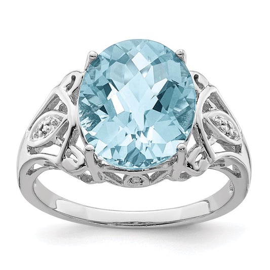 Sterling Silver Rhodium Checker-Cut Sky Blue Topaz & Diamond Ring