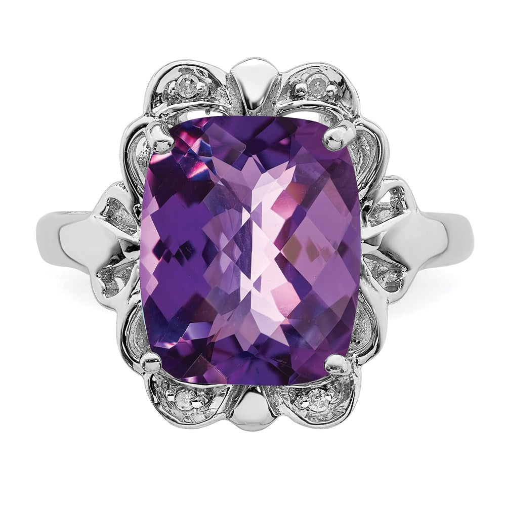 Sterling Silver Rhodium-plated Checker-Cut Amethyst & Diamond Ring