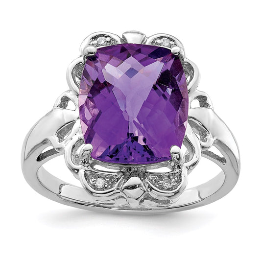 Sterling Silver 14K White Gold Plated Checker-Cut Amethyst & Diamond Gemstone Birthstone Ring Fine Jewelry Gift for Her