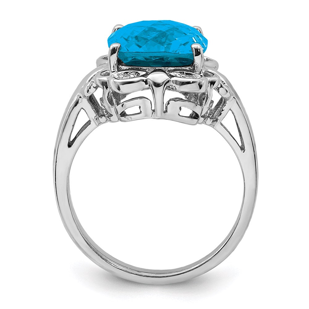 Sterling Silver Rhodium Checker-Cut Blue Topaz & Diamond Ring