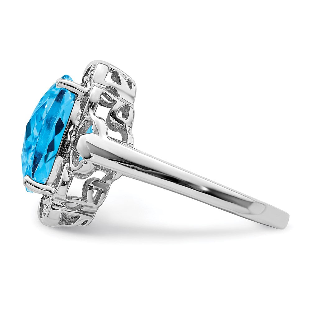 Sterling Silver Rhodium Checker-Cut Blue Topaz & Diamond Ring