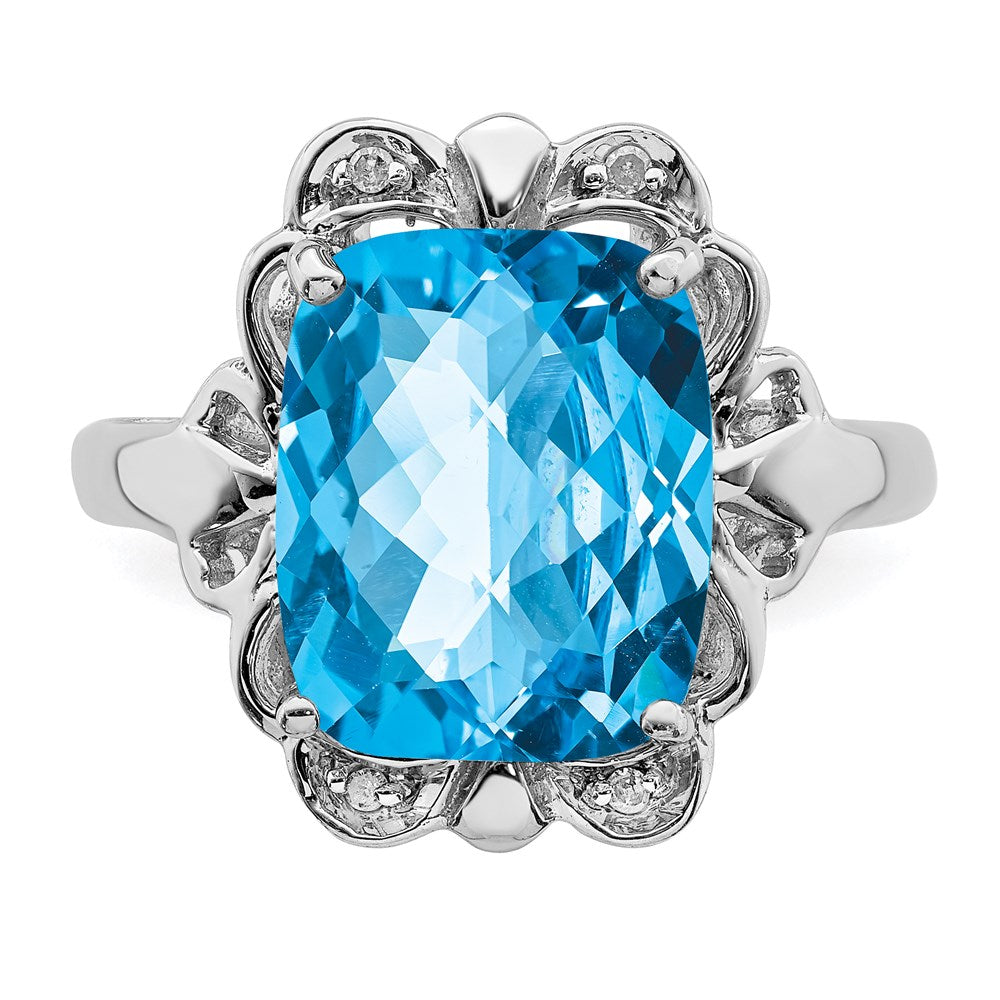 Sterling Silver Rhodium Checker-Cut Blue Topaz & Diamond Ring