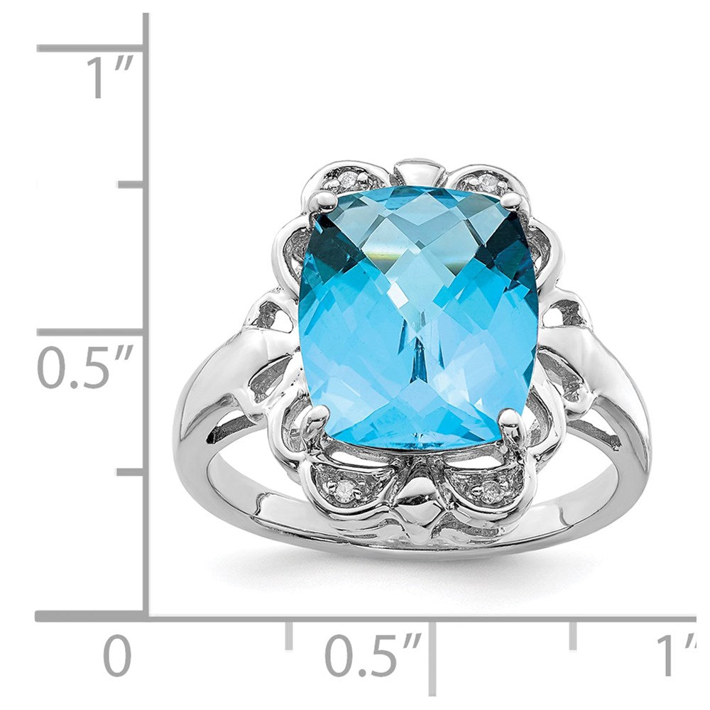 Sterling Silver Rhodium Checker-Cut Blue Topaz & Diamond Ring