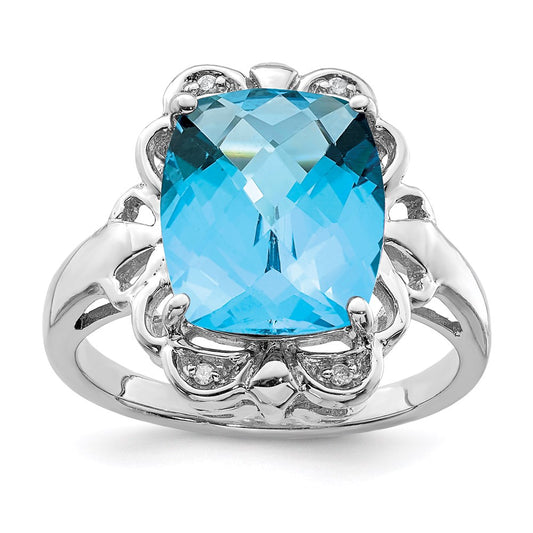 Sterling Silver Rhodium Checker-Cut Blue Topaz & Diamond Ring