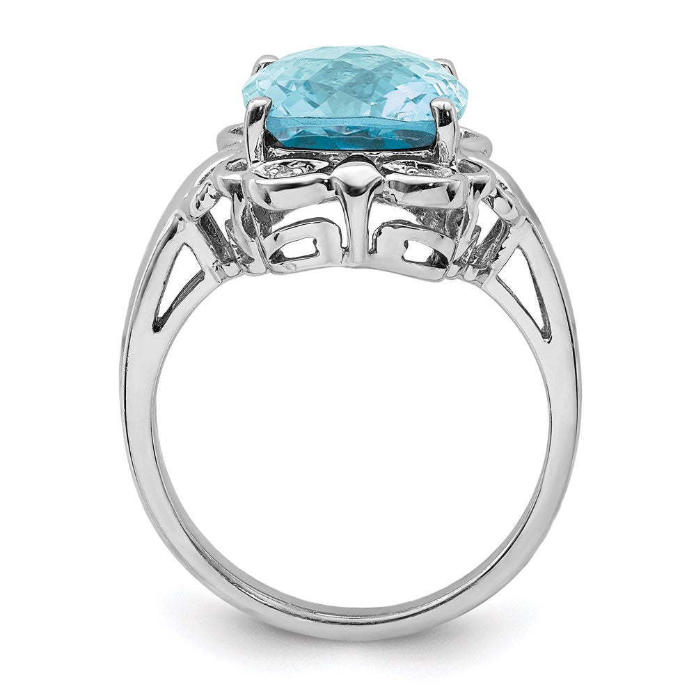 Sterling Silver Rhodium Checker-Cut Sky Blue Topaz & Diamond Ring