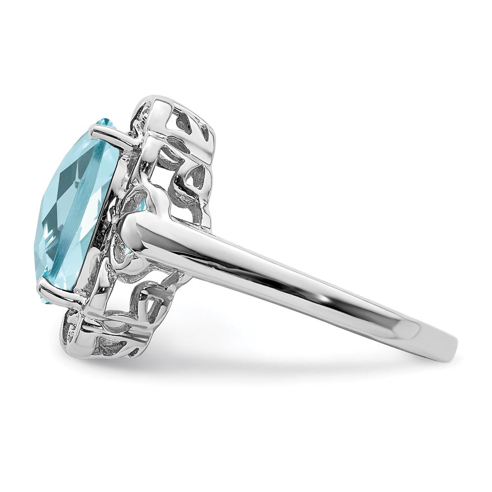 Sterling Silver Rhodium Checker-Cut Sky Blue Topaz & Diamond Ring