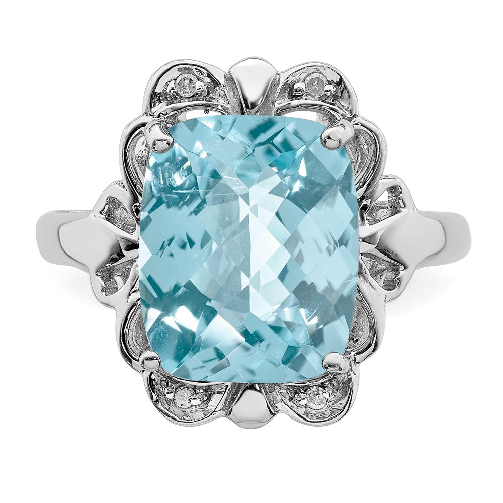 Sterling Silver Rhodium Checker-Cut Sky Blue Topaz & Diamond Ring